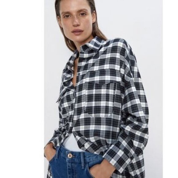 Zara Tops - ZARA Oversized Plaid Shirt Size XS  Black Check Button Up Shacket NWOT